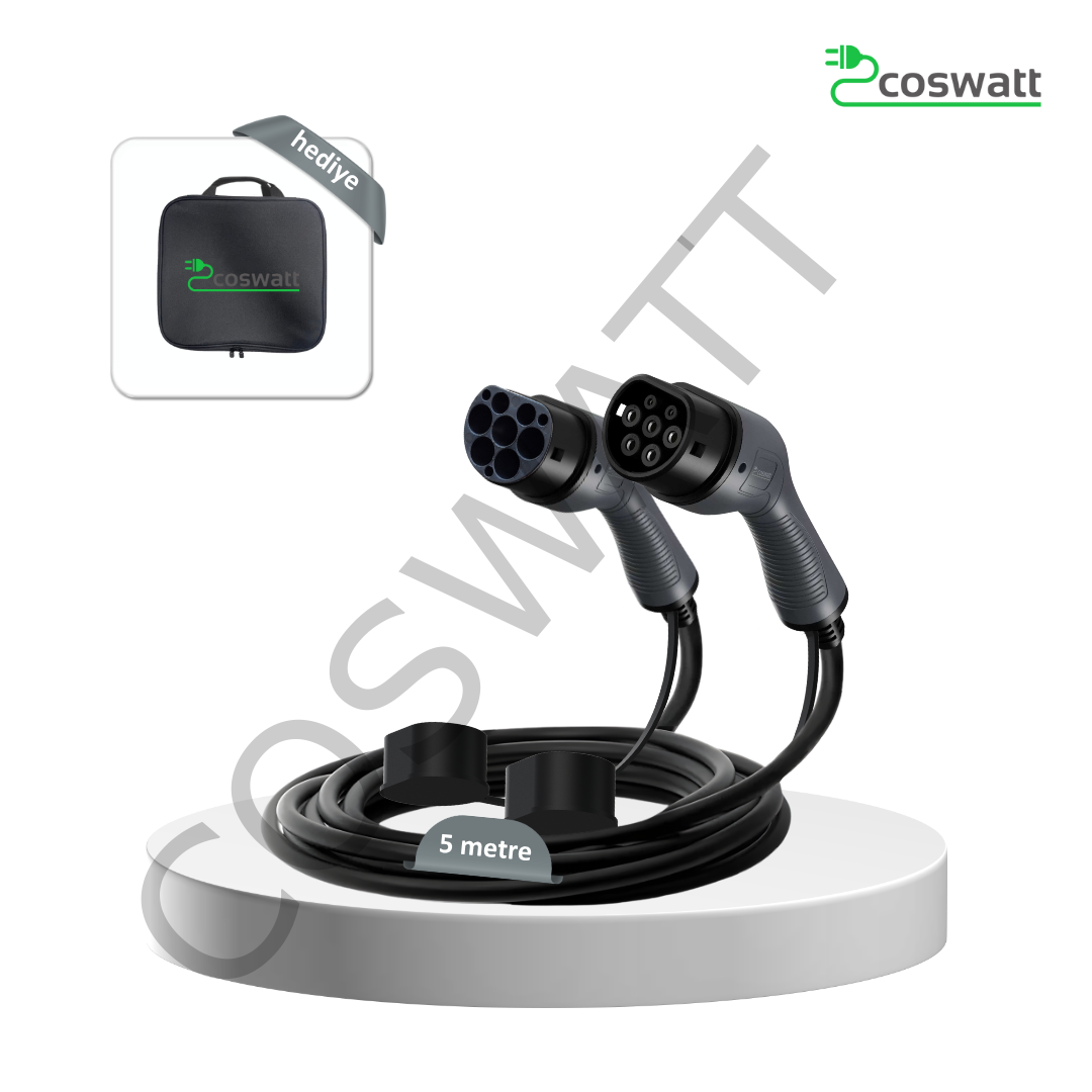 Coswatt Tip-2 Şarj Kablosu 22 kW / 32A / 5m Kablolu / 380V AC İstasyon / IEC 62196 / Taşıma Çantası Hediyeli