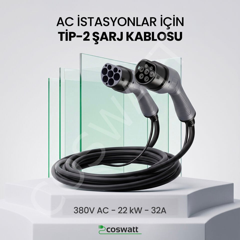 Coswatt Tip-2 Şarj Kablosu 22 kW / 32A / 5m Kablolu / 380V AC İstasyon / IEC 62196 / Taşıma Çantası Hediyeli