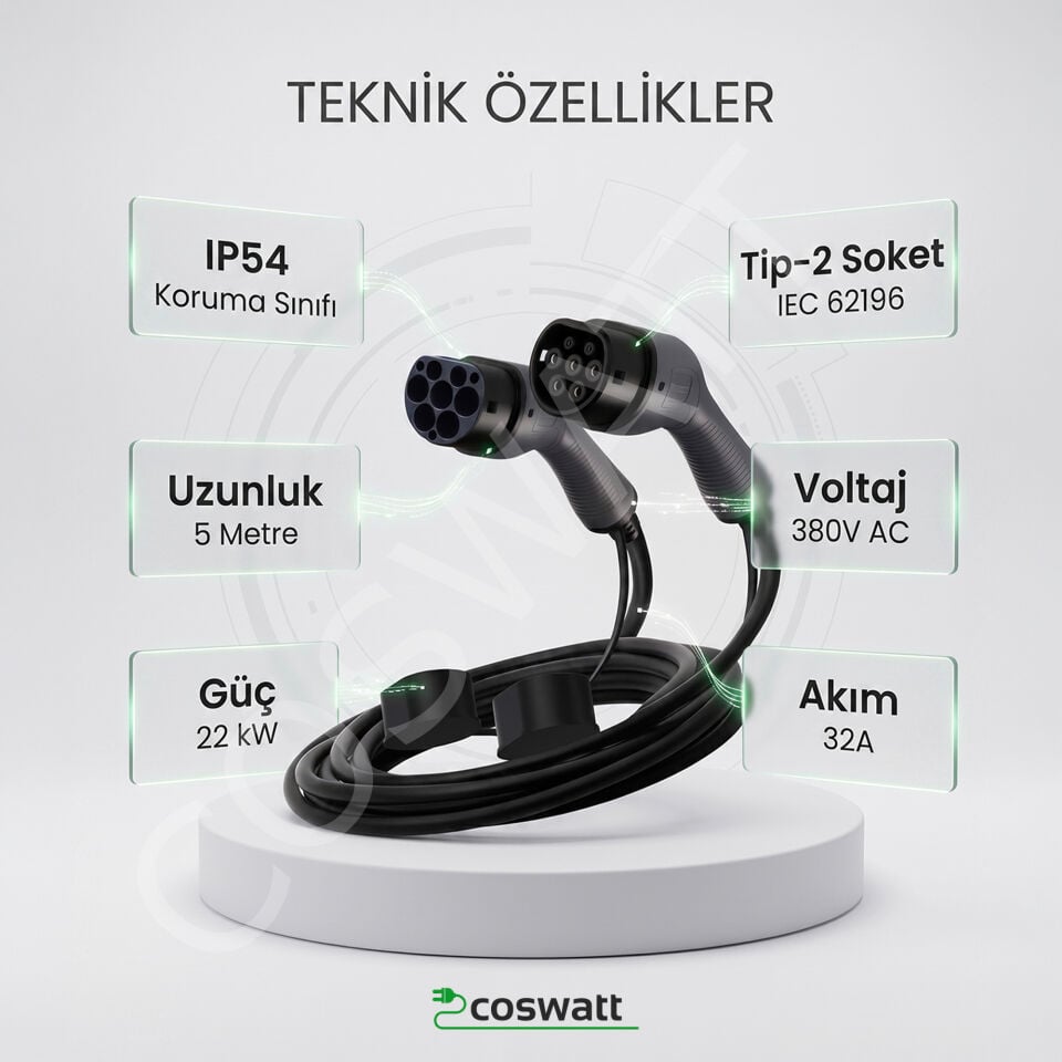 Coswatt Tip-2 Şarj Kablosu 22 kW / 32A / 5m Kablolu / 380V AC İstasyon / IEC 62196 / Taşıma Çantası Hediyeli