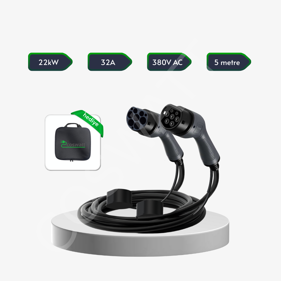 Coswatt Tip-2 Şarj Kablosu 22 kW / 32A / 5m Kablolu / 380V AC İstasyon / IEC 62196 / Taşıma Çantası Hediyeli