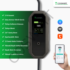 Coswatt Taşınabilir Şarj Cihazı 3.5 kW / 16A / 5m Kablolu / Türkçe Menü / Tip-2 / Ev Tipi Schuko Fiş / 220V AC / Taşıma Çantası Hediyeli