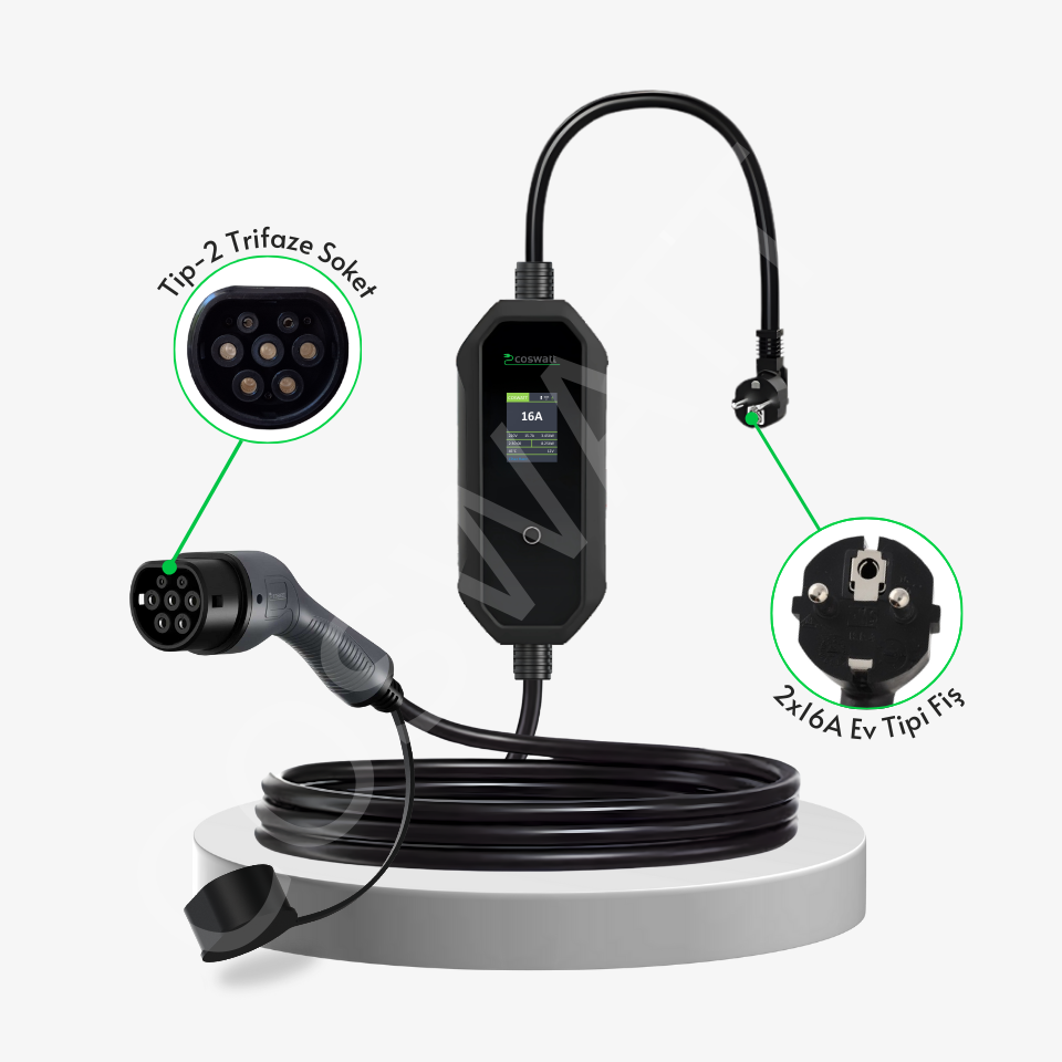 Coswatt Taşınabilir Şarj Cihazı 3.5 kW / 16A / 5m Kablolu / Türkçe Menü / Tip-2 / Ev Tipi Schuko Fiş / 220V AC / Taşıma Çantası Hediyeli