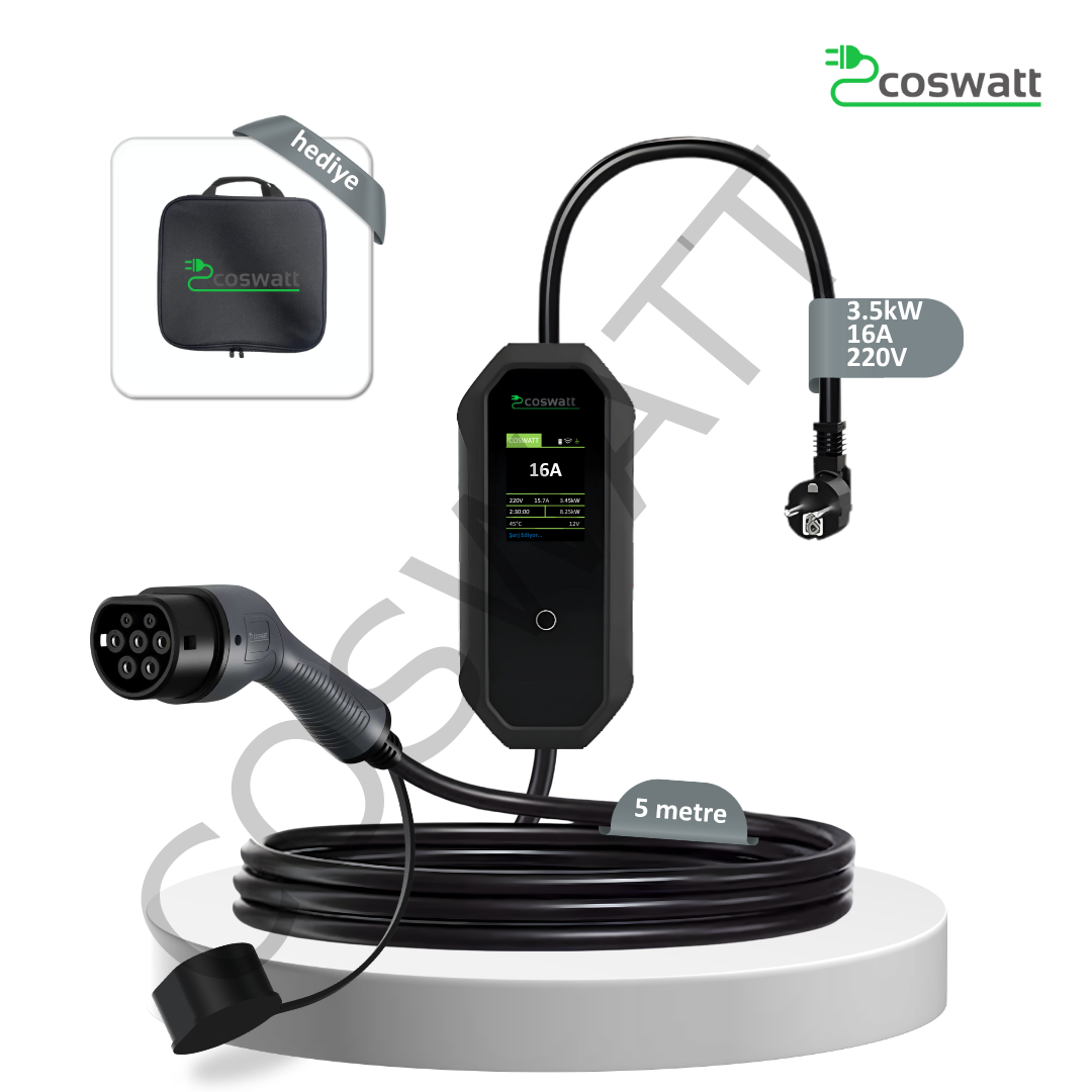 Coswatt Taşınabilir Şarj Cihazı 3.5 kW / 16A / 5m Kablolu / Türkçe Menü / Tip-2 / Ev Tipi Schuko Fiş / 220V AC / Taşıma Çantası Hediyeli