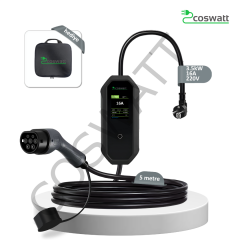 Coswatt Taşınabilir Şarj Cihazı 3.5 kW / 16A / 5m Kablolu / Türkçe Menü / Tip-2 / Ev Tipi Schuko Fiş / 220V AC / Taşıma Çantası Hediyeli