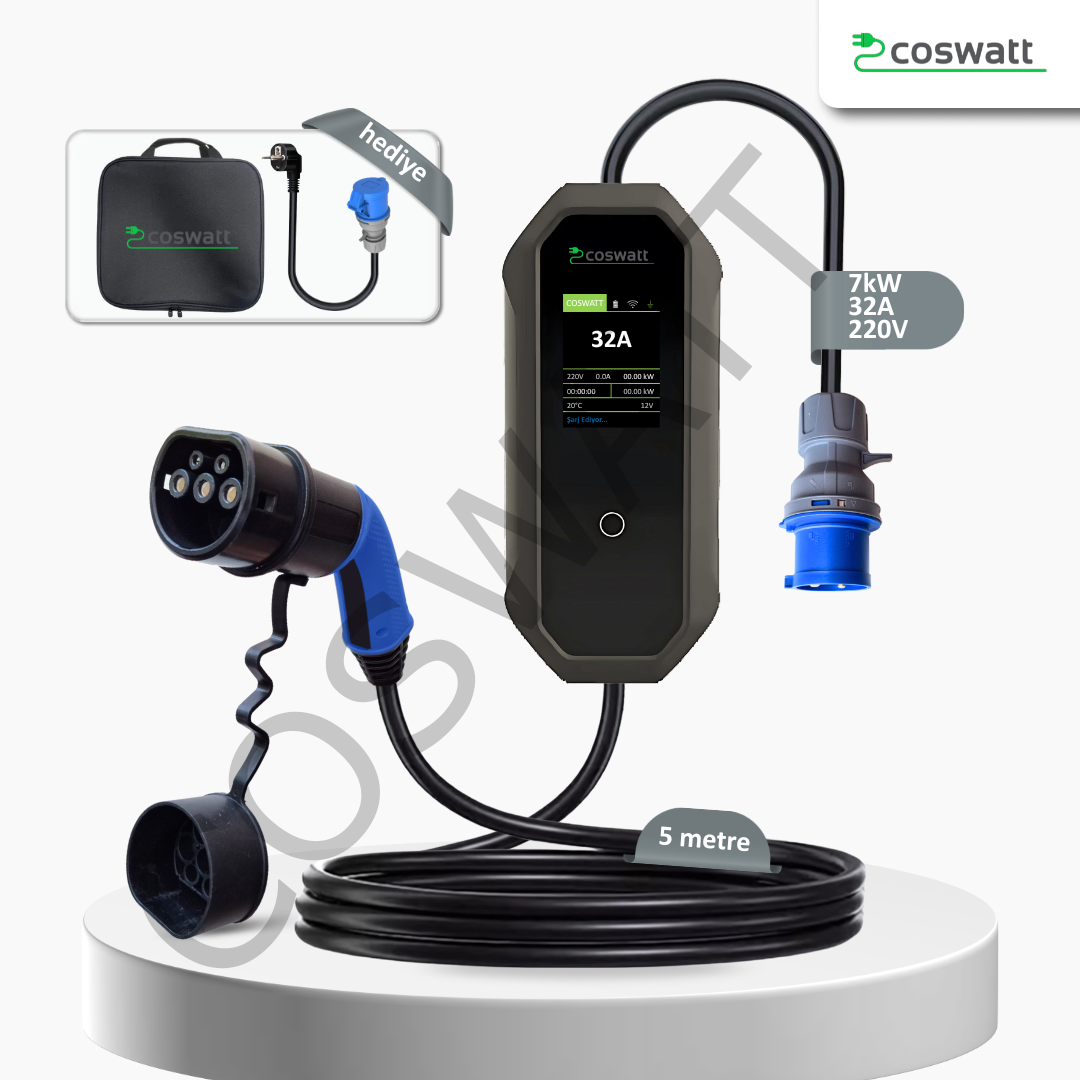 Coswatt Taşınabilir Şarj Cihazı 7 kW / 32A / 5m Kablolu / Türkçe Menü / Tip-2 / 3x32A Fiş / 220V AC / Ev Tipi Dönüştürücü Kablo ve Taşıma Çantası Hediyeli