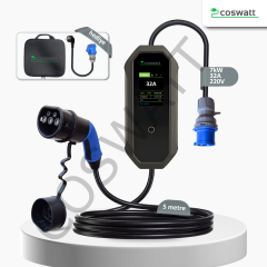 Coswatt Taşınabilir Şarj Cihazı 7 kW / 32A / 5m Kablolu / Türkçe Menü / Tip-2 / 3x32A Fiş / 220V AC / Ev Tipi Dönüştürücü Kablo ve Taşıma Çantası Hediyeli