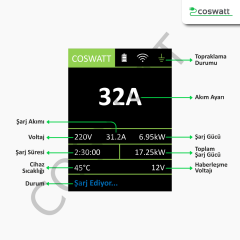 Coswatt Taşınabilir Şarj Cihazı 7 kW / 32A / 5m Kablolu / Türkçe Menü / Tip-2 / 3x32A Fiş / 220V AC / Ev Tipi Dönüştürücü Kablo ve Taşıma Çantası Hediyeli