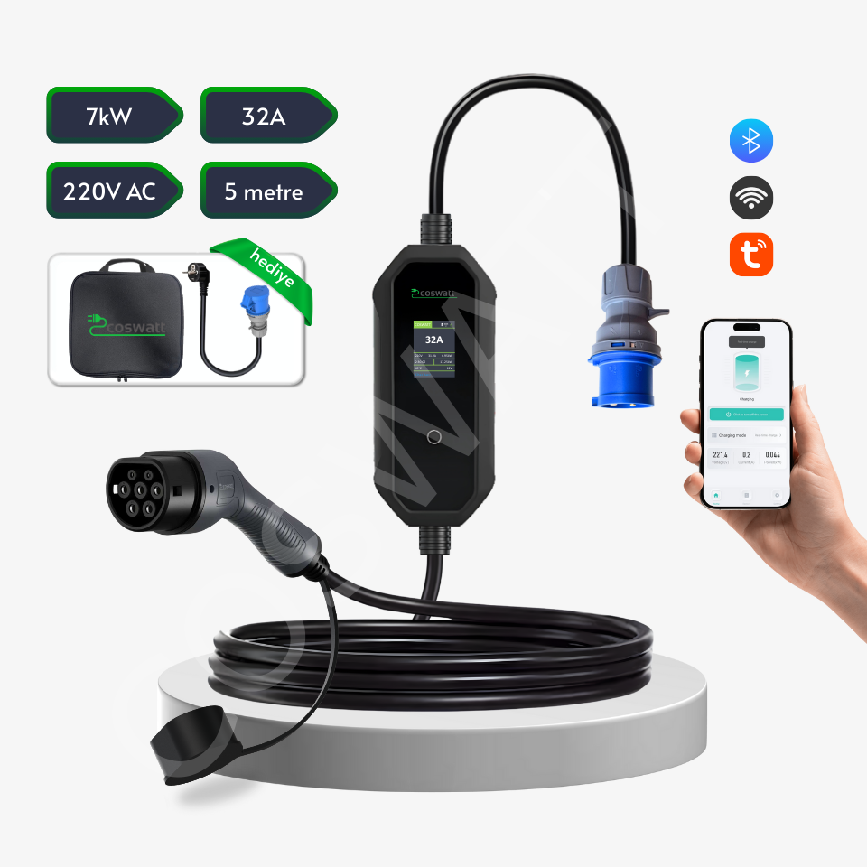 Coswatt Taşınabilir Şarj Cihazı 7 kW / 32A / 5m Kablolu / Türkçe Menü / Tip-2 / 3x32A Fiş / 220V AC / Ev Tipi Dönüştürücü Kablo ve Taşıma Çantası Hediyeli