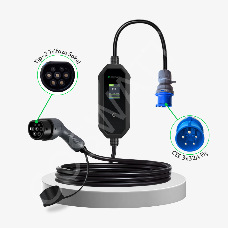 Coswatt Taşınabilir Şarj Cihazı 7 kW / 32A / 5m Kablolu / Türkçe Menü / Tip-2 / 3x32A Fiş / 220V AC / Ev Tipi Dönüştürücü Kablo ve Taşıma Çantası Hediyeli