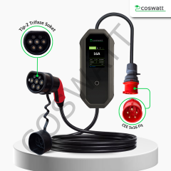 Coswatt Taşınabilir Şarj Cihazı 11 kW / 3P-16A / 5m Kablolu / Türkçe Menü / Tip-2 / 5x16A Fiş / 380V AC / Ev Tipi Dönüştürücü Kablo ve Taşıma Çantası Hediyeli