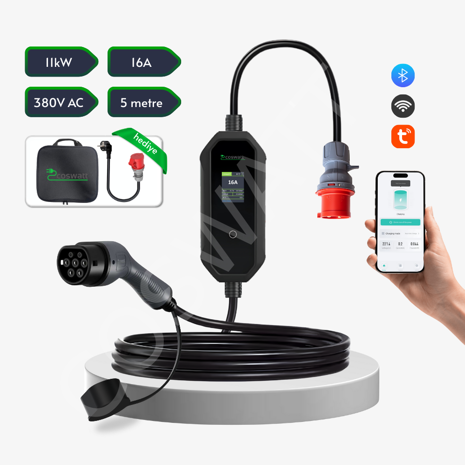 Coswatt Taşınabilir Şarj Cihazı 11 kW / 3P-16A / 5m Kablolu / Türkçe Menü / Tip-2 / 5x16A Fiş / 380V AC / Ev Tipi Dönüştürücü Kablo ve Taşıma Çantası Hediyeli