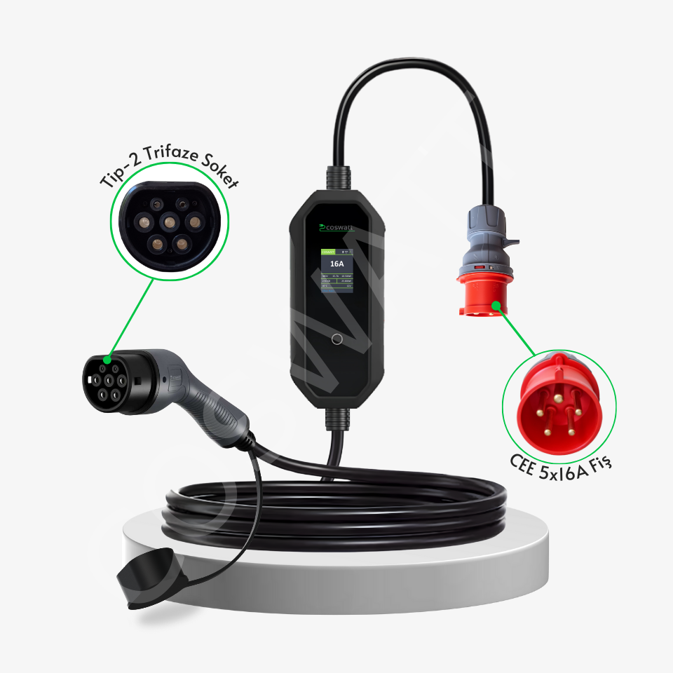 Coswatt Taşınabilir Şarj Cihazı 11 kW / 3P-16A / 5m Kablolu / Türkçe Menü / Tip-2 / 5x16A Fiş / 380V AC / Ev Tipi Dönüştürücü Kablo ve Taşıma Çantası Hediyeli