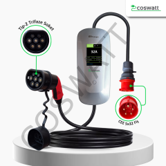 Coswatt Taşınabilir Şarj Cihazı 22 kW / 3P-32A / 5m Kablolu / Tip-2 / 5x32A Fiş / 380V AC / Ev Tipi Dönüştürücü Kablo ve Taşıma Çantası Hediyeli