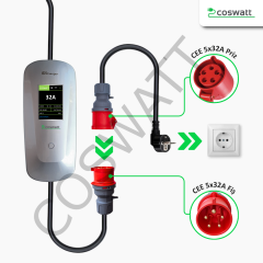 Coswatt Taşınabilir Şarj Cihazı 22 kW / 3P-32A / 5m Kablolu / Tip-2 / 5x32A Fiş / 380V AC / Ev Tipi Dönüştürücü Kablo ve Taşıma Çantası Hediyeli