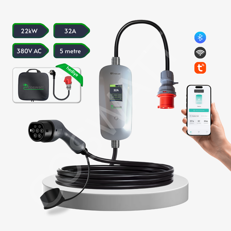 Coswatt Taşınabilir Şarj Cihazı 22 kW / 3P-32A / 5m Kablolu / Tip-2 / 5x32A Fiş / 380V AC / Ev Tipi Dönüştürücü Kablo ve Taşıma Çantası Hediyeli