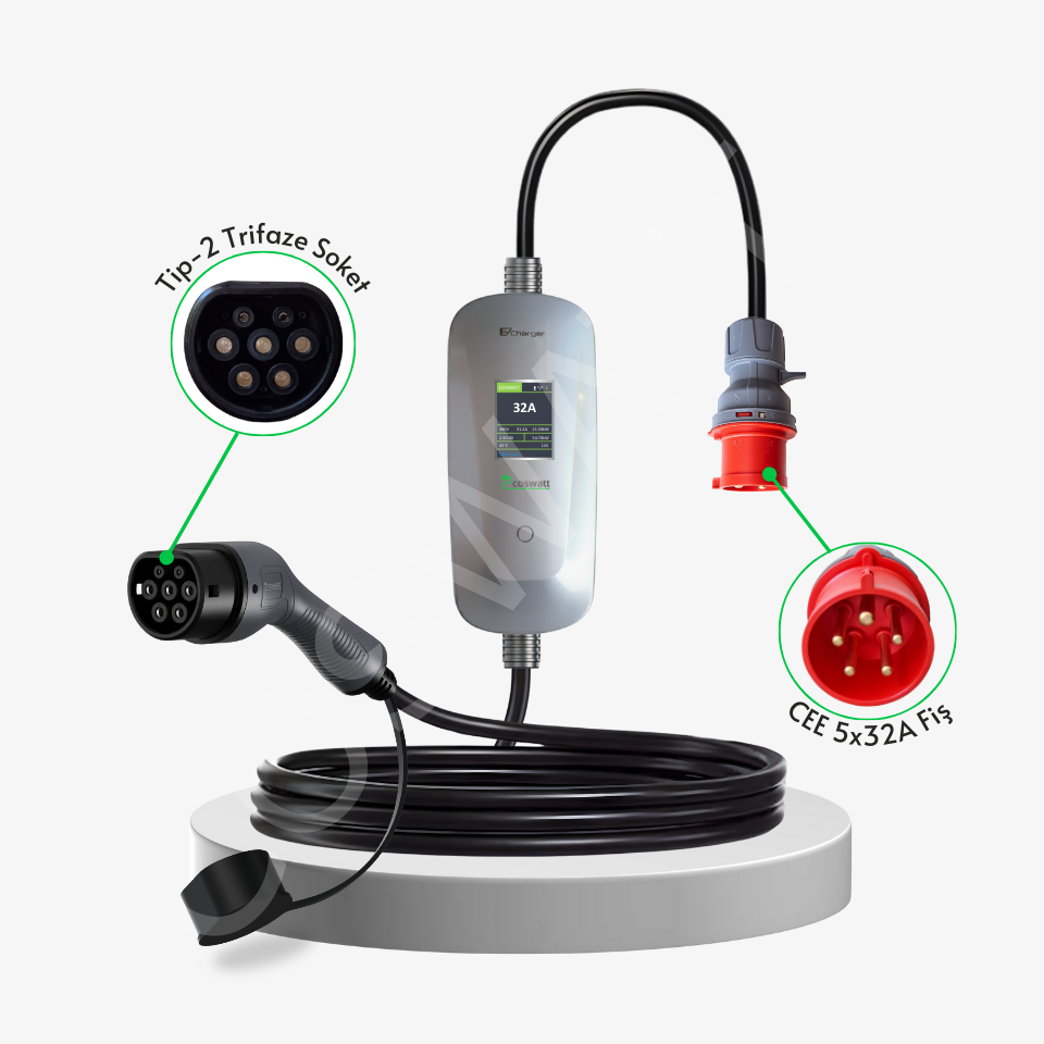 Coswatt Taşınabilir Şarj Cihazı 22 kW / 3P-32A / 5m Kablolu / Tip-2 / 5x32A Fiş / 380V AC / Ev Tipi Dönüştürücü Kablo ve Taşıma Çantası Hediyeli