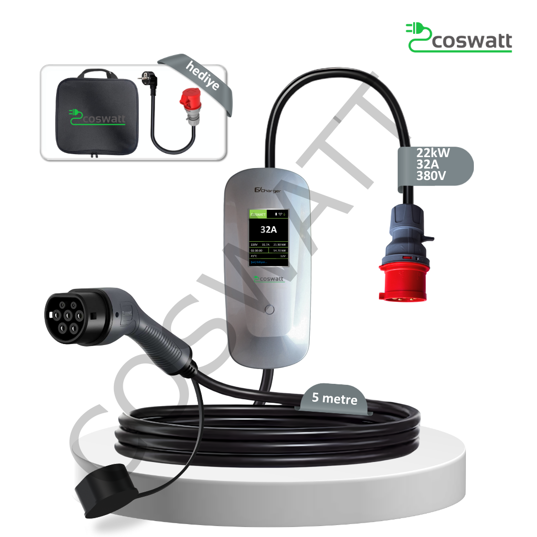 Coswatt Taşınabilir Şarj Cihazı 22 kW / 3P-32A / 5m Kablolu / Tip-2 / 5x32A Fiş / 380V AC / Ev Tipi Dönüştürücü Kablo ve Taşıma Çantası Hediyeli