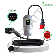 Coswatt Taşınabilir Şarj Cihazı 22 kW / 3P-32A / 5m Kablolu / Tip-2 / 5x32A Fiş / 380V AC / Ev Tipi Dönüştürücü Kablo ve Taşıma Çantası Hediyeli