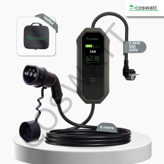 Coswatt Taşınabilir Şarj Cihazı 3.5 kW / 16A / 8m Kablolu / Türkçe Menü / Tip-2 / Ev Tipi Schuko Fiş / 220V AC / Taşıma Çantası Hediyeli
