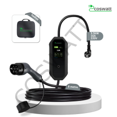 Coswatt Taşınabilir Şarj Cihazı 3.5 kW / 16A / 8m Kablolu / Türkçe Menü / Tip-2 / Ev Tipi Schuko Fiş / 220V AC / Taşıma Çantası Hediyeli