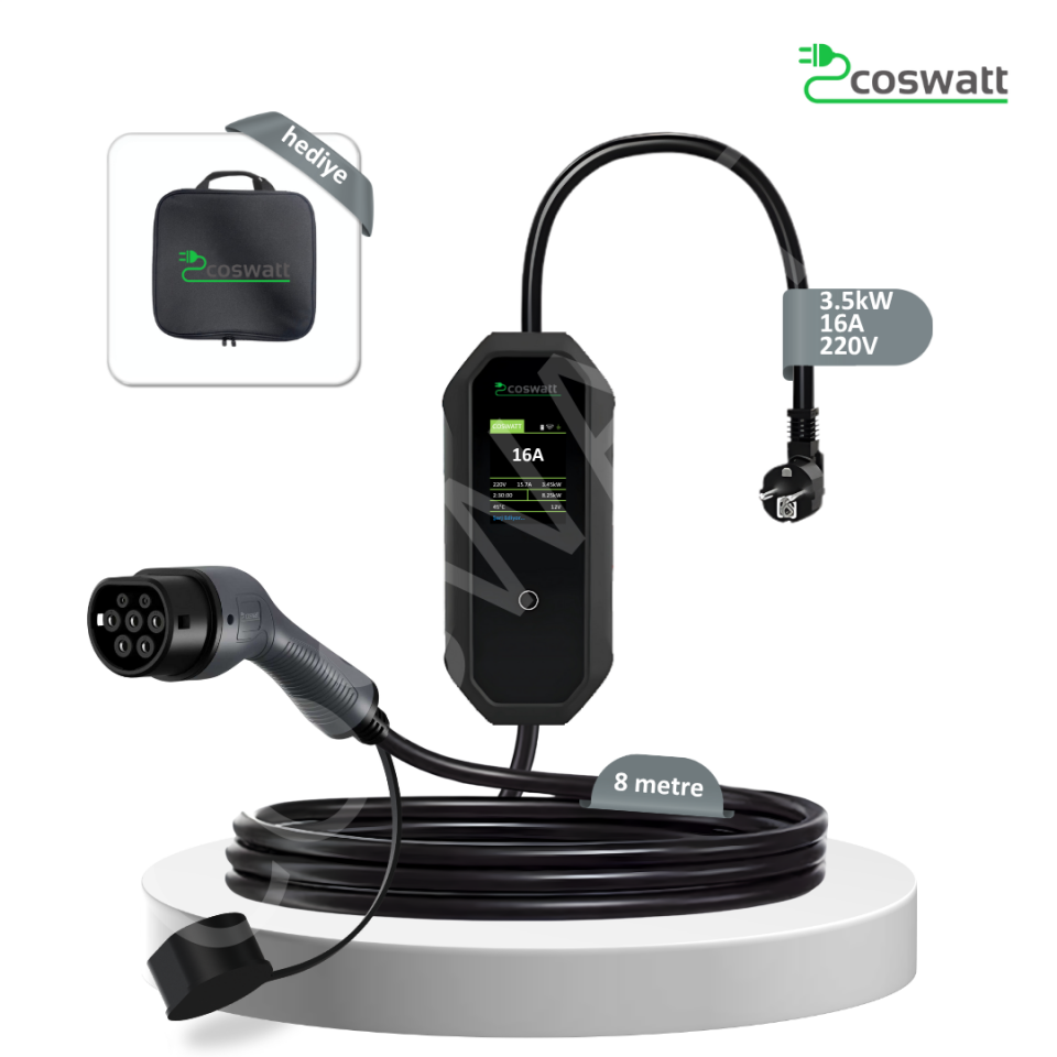 Coswatt Taşınabilir Şarj Cihazı 3.5 kW / 16A / 8m Kablolu / Türkçe Menü / Tip-2 / Ev Tipi Schuko Fiş / 220V AC / Taşıma Çantası Hediyeli