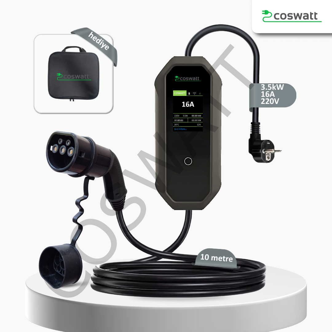 Coswatt Taşınabilir Şarj Cihazı 3.5 kW / 16A / 10m Kablolu / Türkçe Menü / Tip-2 / Ev Tipi Schuko Fiş / 220V AC / Taşıma Çantası Hediyeli