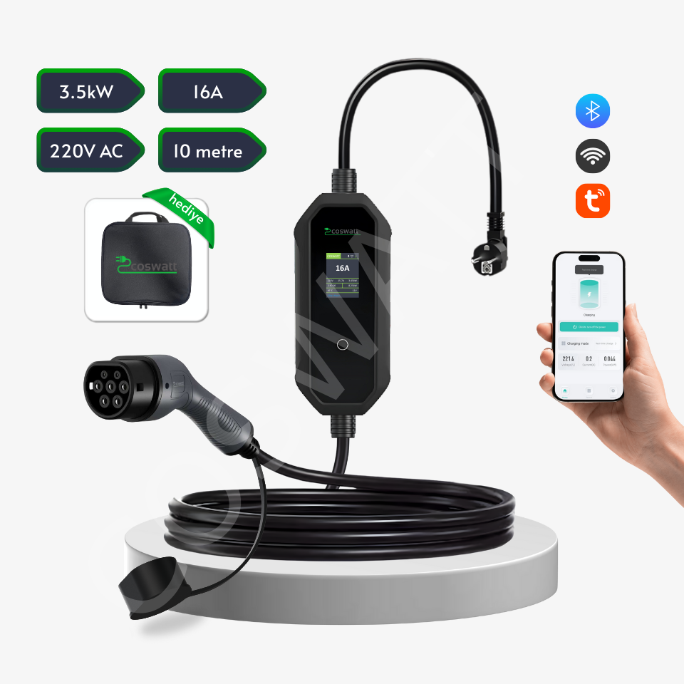 Coswatt Taşınabilir Şarj Cihazı 3.5 kW / 16A / 10m Kablolu / Türkçe Menü / Tip-2 / Ev Tipi Schuko Fiş / 220V AC / Taşıma Çantası Hediyeli