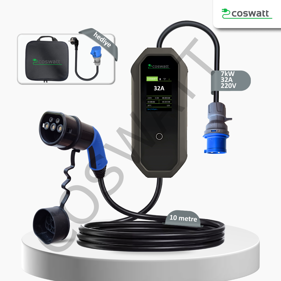 Coswatt Taşınabilir Şarj Cihazı 7 kW / 32A / 10m Kablolu / Türkçe Menü / Tip-2 / 3x32A Fiş / 220V AC / Ev Tipi Dönüştürücü Kablo ve Taşıma Çantası Hediyeli