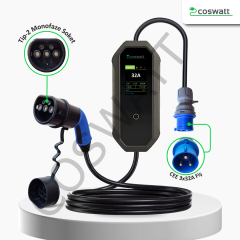 Coswatt Taşınabilir Şarj Cihazı 7 kW / 32A / 10m Kablolu / Türkçe Menü / Tip-2 / 3x32A Fiş / 220V AC / Ev Tipi Dönüştürücü Kablo ve Taşıma Çantası Hediyeli