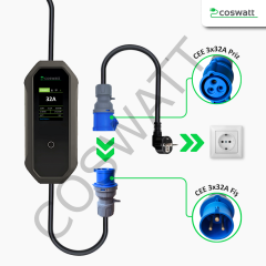 Coswatt Taşınabilir Şarj Cihazı 7 kW / 32A / 10m Kablolu / Türkçe Menü / Tip-2 / 3x32A Fiş / 220V AC / Ev Tipi Dönüştürücü Kablo ve Taşıma Çantası Hediyeli