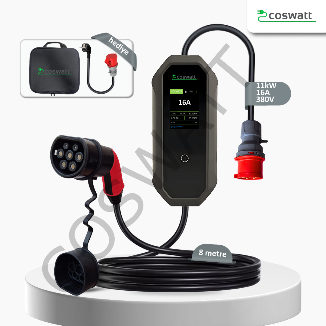 Coswatt Taşınabilir Şarj Cihazı 11 kW / 3P-16A / 8m Kablolu / Tip-2 / 5x16A Fiş / 380V AC / Ev Tipi Dönüştürücü Kablo ve Taşıma Çantası Hediyeli