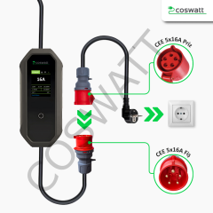 Coswatt Taşınabilir Şarj Cihazı 11 kW / 3P-16A / 8m Kablolu / Tip-2 / 5x16A Fiş / 380V AC / Ev Tipi Dönüştürücü Kablo ve Taşıma Çantası Hediyeli