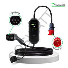 Coswatt Taşınabilir Şarj Cihazı 11 kW / 3P-16A / 8m Kablolu / Tip-2 / 5x16A Fiş / 380V AC / Ev Tipi Dönüştürücü Kablo ve Taşıma Çantası Hediyeli
