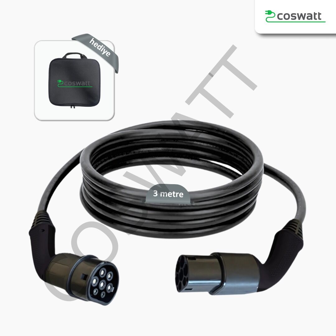 Coswatt Tip-2 Şarj Kablosu 22 kW / 32A / 3m Kablolu / 380V AC / Taşıma Çantası Hediyeli
