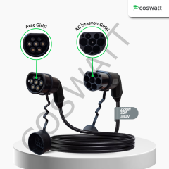 Coswatt Tip-2 Şarj Kablosu 22 kW / 32A / 3m Kablolu / 380V AC / Taşıma Çantası Hediyeli