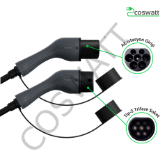 Coswatt Tip-2 Şarj Kablosu 22 kW / 32A / 3m Kablolu / 380V AC / Taşıma Çantası Hediyeli