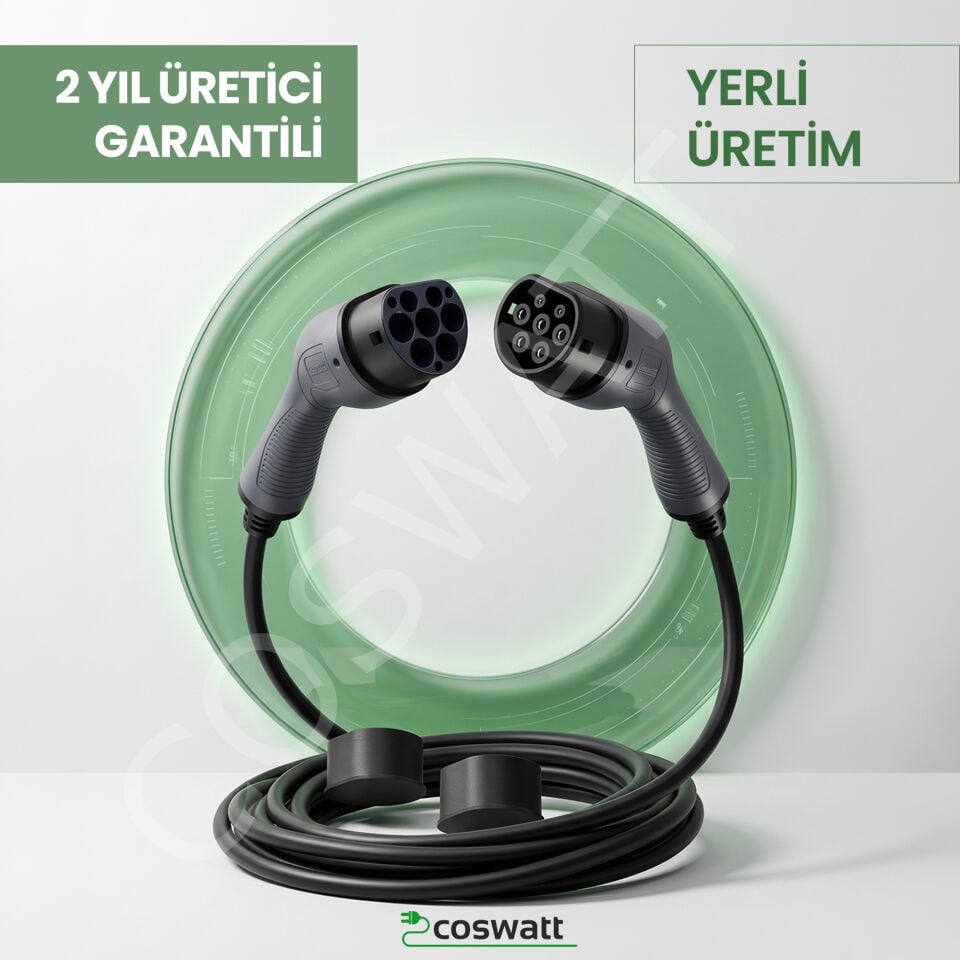 Coswatt Tip-2 Şarj Kablosu 22 kW / 32A / 3m Kablolu / 380V AC İstasyon / IEC 62196 / Taşıma Çantası Hediyeli