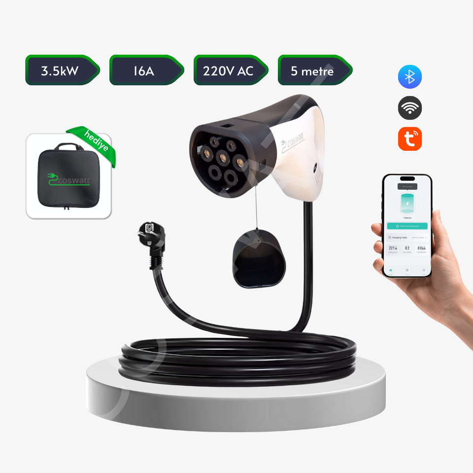 Coswatt EV03 Taşınabilir Şarj Cihazı 3.5 kW / 16A / 5m Kablolu / Tip-2 Soket / Ev Tipi 2x16A Fiş / 220V AC / Taşıma Çantası Hediyeli