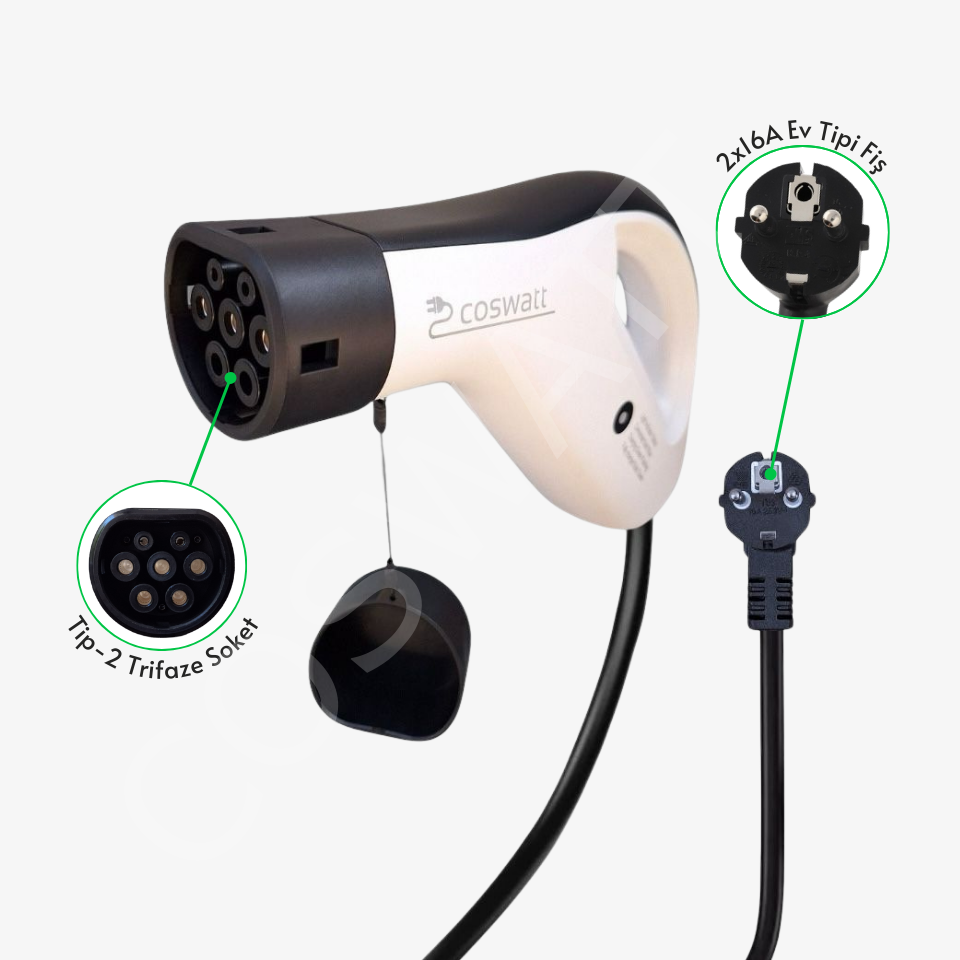 Coswatt EV03 Taşınabilir Şarj Cihazı 3.5 kW / 16A / 5m Kablolu / Tip-2 Soket / Ev Tipi 2x16A Fiş / 220V AC / Taşıma Çantası Hediyeli