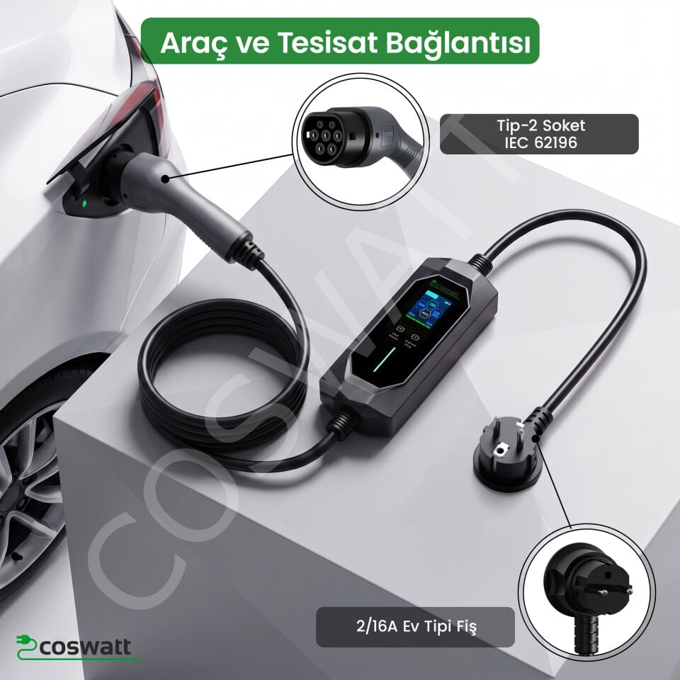 Coswatt Taşınabilir EV Şarj Cihazı CS-P1-16A / 3.5kW / 5M / Türkçe Menü / 220V AC / 2x16A Ev Tipi Fiş / Taşıma Çantası