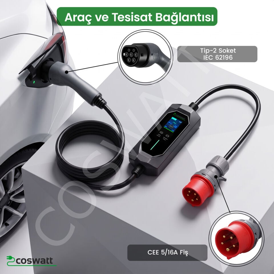 Coswatt Taşınabilir EV Şarj Cihazı CS-P3-16A / 11kW / 5M / Türkçe Menü / 380V AC / 5x16A CEE Fiş / Ev Tipi Priz Adaptörü / Taşıma Çantası