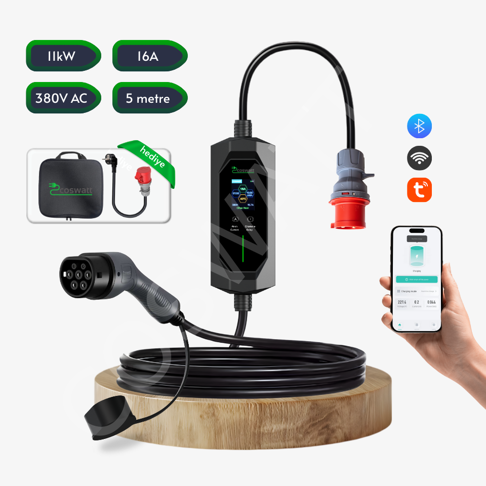 Coswatt Taşınabilir EV Şarj Cihazı CS-P3-16A / 11kW / 5M / Türkçe Menü / 380V AC / 5x16A CEE Fiş / Ev Tipi Priz Adaptörü / Taşıma Çantası