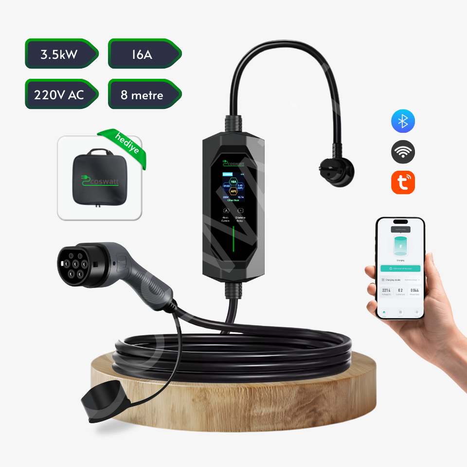 Coswatt Taşınabilir EV Şarj Cihazı CS-P1-16A / 3.5kW / 8M / Türkçe Menü / 220V AC / 2x16A Ev Tipi Fiş / Taşıma Çantası