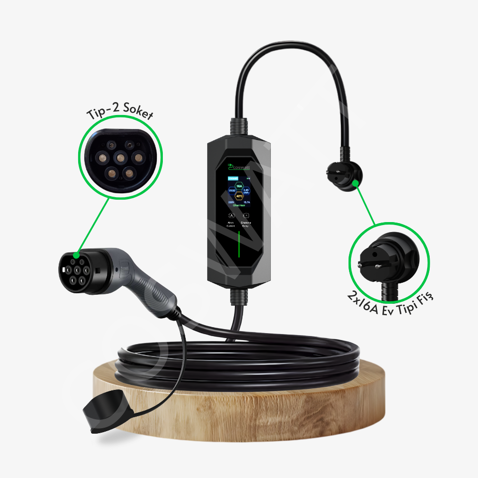 Coswatt Taşınabilir EV Şarj Cihazı CS-P1-16A / 3.5kW / 8M / Türkçe Menü / 220V AC / 2x16A Ev Tipi Fiş / Taşıma Çantası