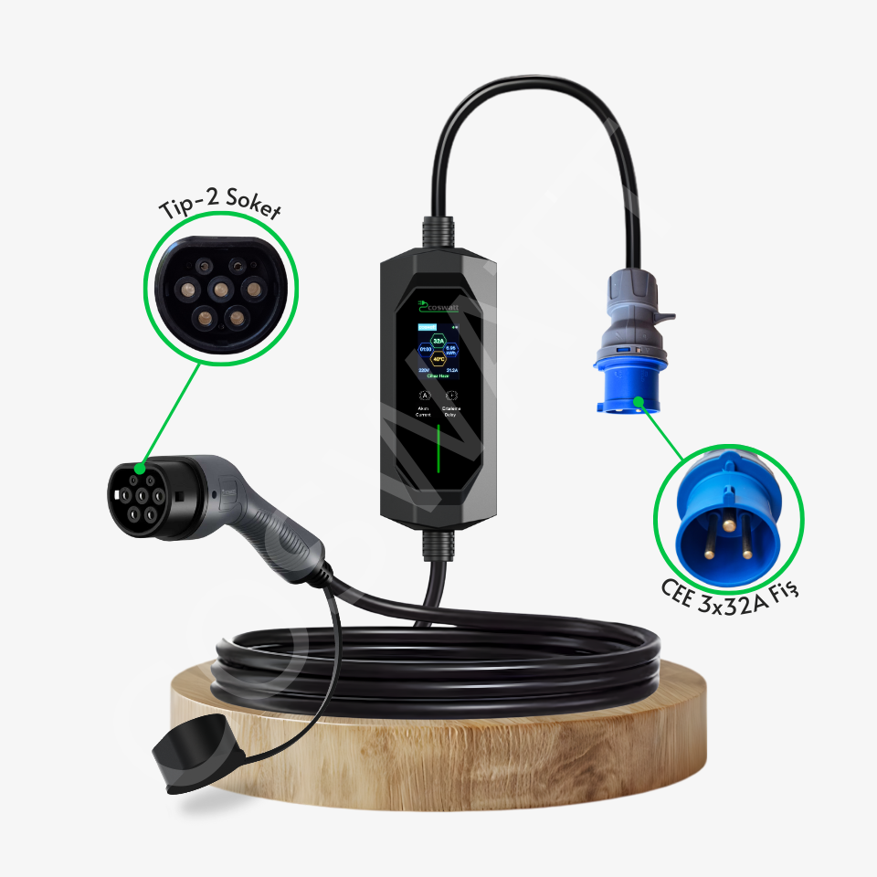 Coswatt Taşınabilir EV Şarj Cihazı CS-P1-32A / 7.4kW / 8M / Türkçe Menü / 220V AC / 3x32A CEE Fiş / Ev Tipi Priz Adaptörü / Taşıma Çantası