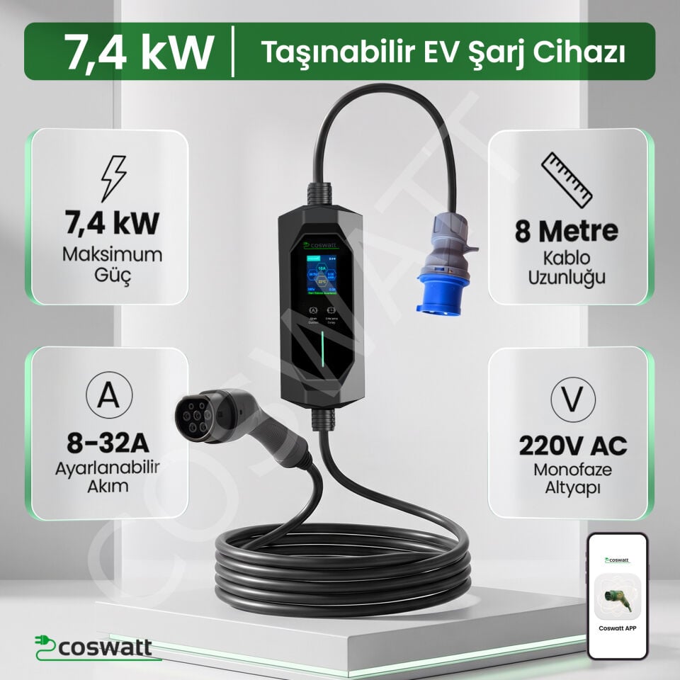Coswatt Taşınabilir EV Şarj Cihazı CS-P1-32A / 7.4kW / 8M / Türkçe Menü / 220V AC / 3x32A CEE Fiş / Ev Tipi Priz Adaptörü / Taşıma Çantası