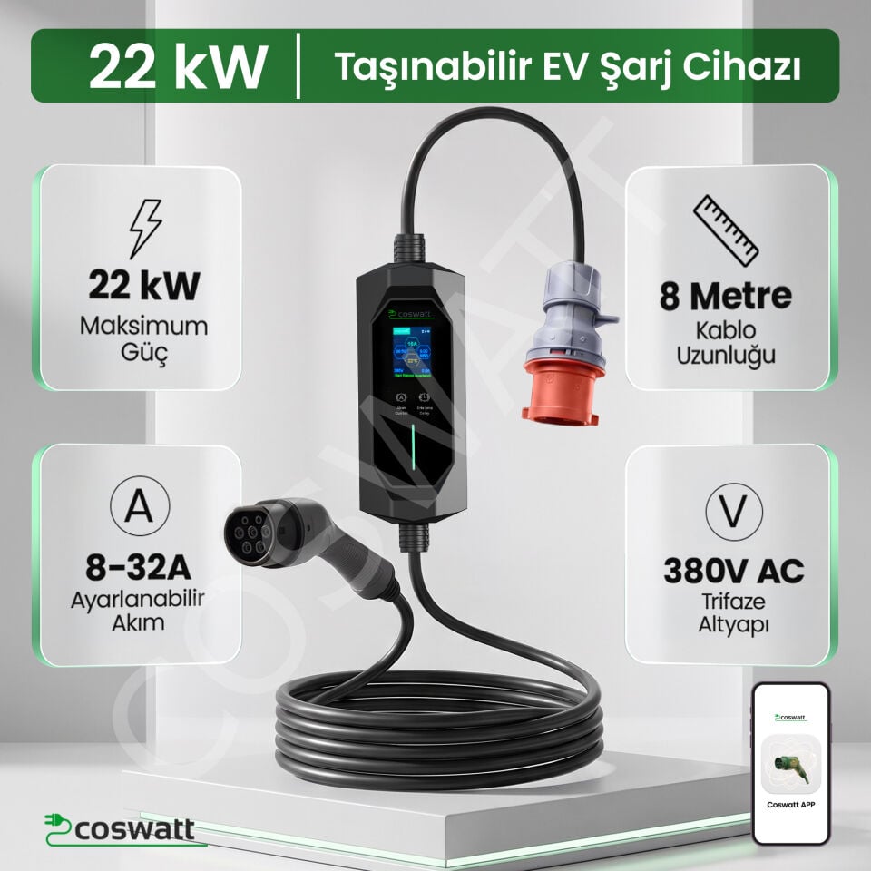 Coswatt Taşınabilir EV Şarj Cihazı CS-P3-32A / 22kW / 8M / Türkçe Menü / 380V AC / Tip-2 Soket / 5x32A CEE Fiş / Ev Tipi Priz Adaptörü / Taşıma Çantası
