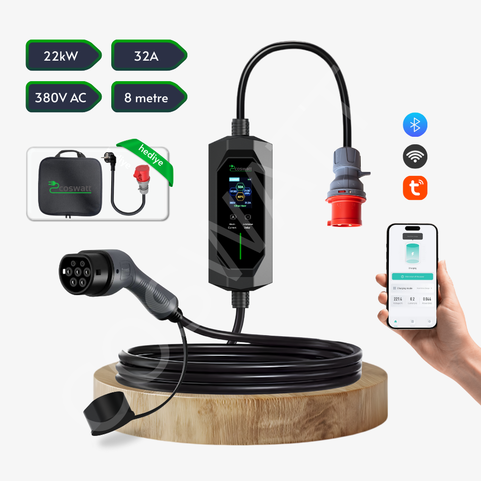 Coswatt Taşınabilir EV Şarj Cihazı CS-P3-32A / 22kW / 8M / Türkçe Menü / 380V AC / Tip-2 Soket / 5x32A CEE Fiş / Ev Tipi Priz Adaptörü / Taşıma Çantası