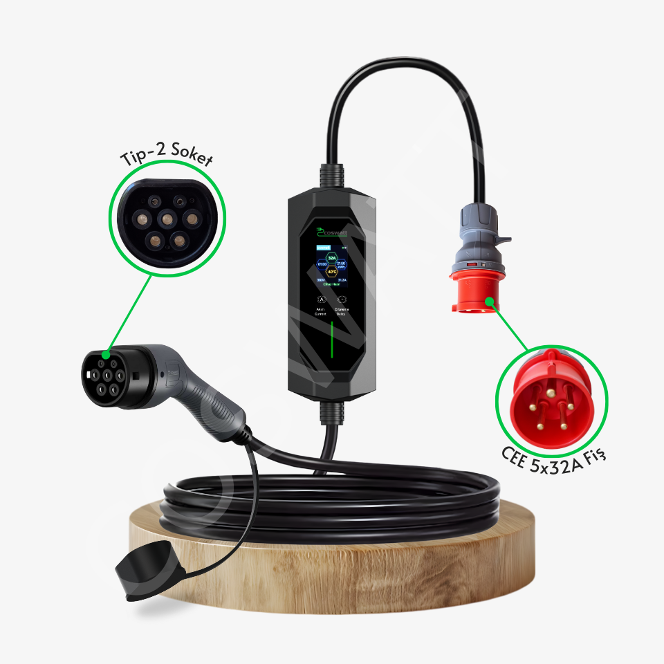 Coswatt Taşınabilir EV Şarj Cihazı CS-P3-32A / 22kW / 8M / Türkçe Menü / 380V AC / Tip-2 Soket / 5x32A CEE Fiş / Ev Tipi Priz Adaptörü / Taşıma Çantası