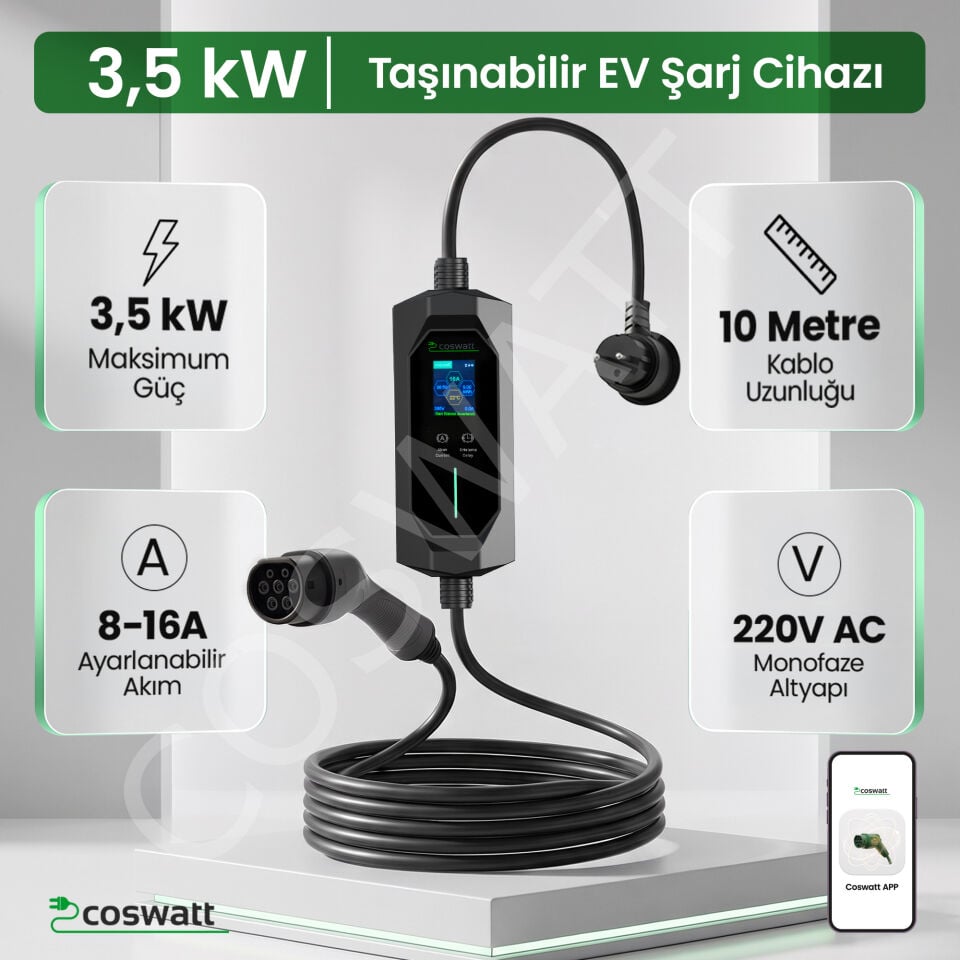 Coswatt Taşınabilir EV Şarj Cihazı CS-P1-16A / 3.5kW / 10M / Türkçe Menü / 220V AC / Tip-2 Soket / 2x16A Ev Tipi Fiş / Taşıma Çantası